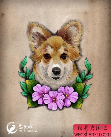 一幅流行可爱的小狗纹身手稿