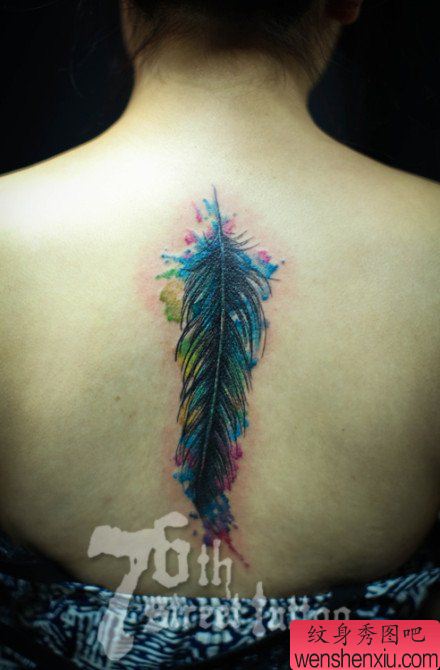 女生后背精美流行的彩色羽毛纹身图案