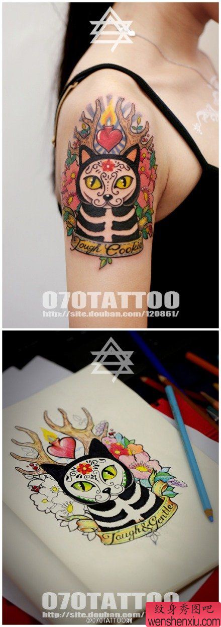 女生手臂流行很酷的猫咪纹身图案