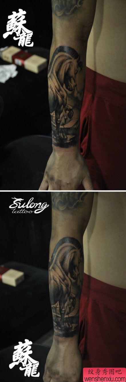 手臂流行流行的黑白马纹身图案