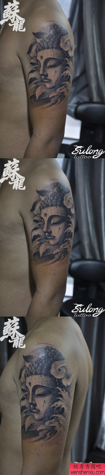 手臂很酷经典的黑白石雕佛头纹身图案