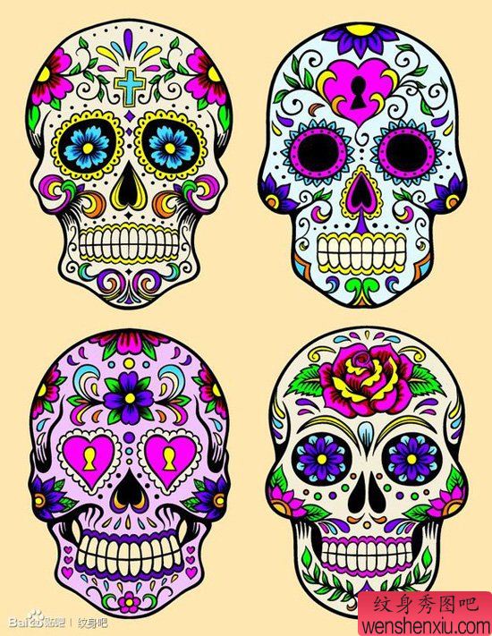 一幅流行唯美的欧美花骷髅纹身手稿