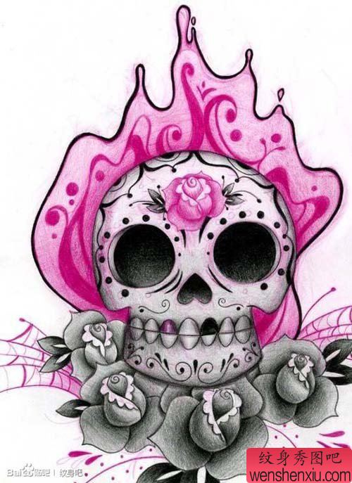 一幅流行流行的骷髅纹身手稿