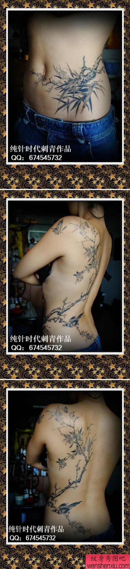 美女腹部腰部到后背精美的花卉与小鸟纹身图案