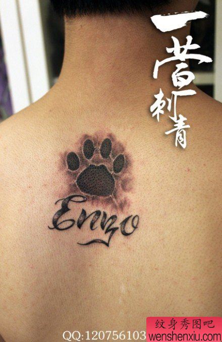 后背小巧流行的爪印与字母纹身图案