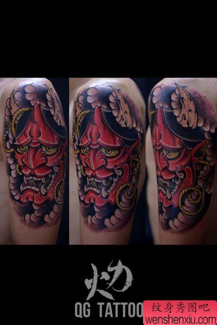 男生手臂很酷流行的彩色般若纹身图案