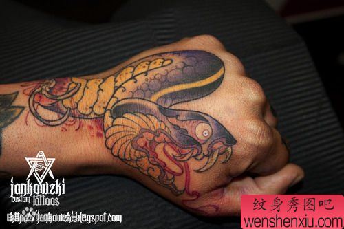 手背经典流行彩色蛇纹身图案