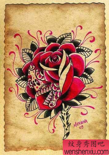 流行精美的一幅玫瑰花纹身手稿