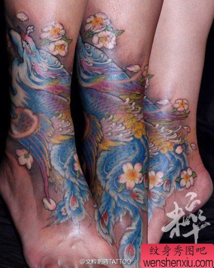 脚背流行精美的传统凤凰纹身图案