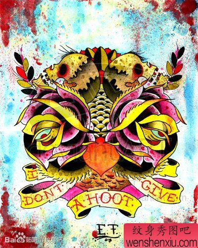 一幅另类经典的猫头鹰玫瑰骷髅纹身手稿