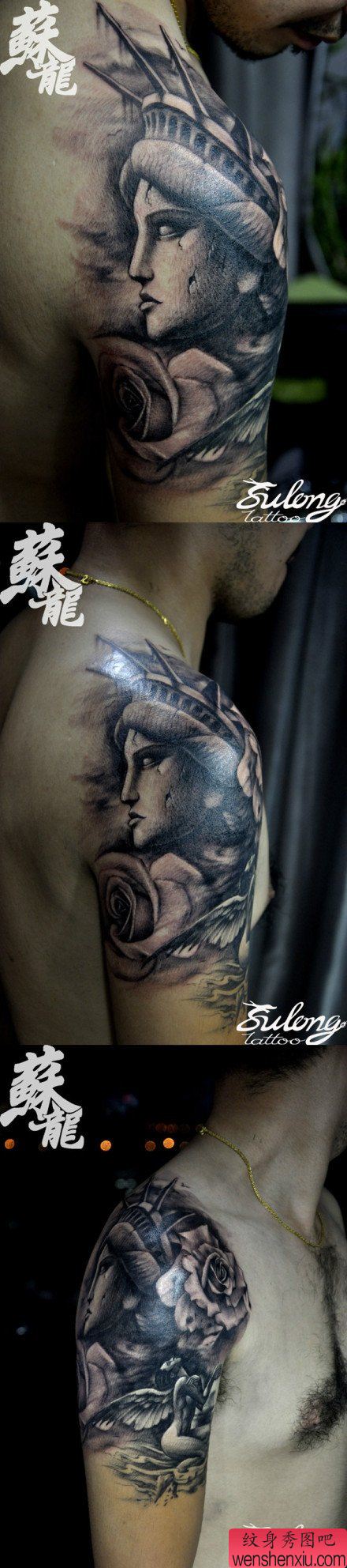 手臂经典的石雕自由女神纹身图案