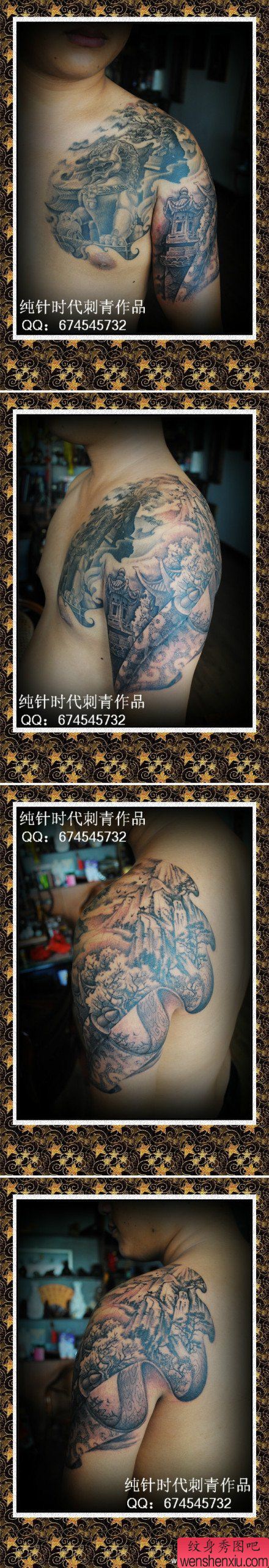 很酷经典的一幅石狮与山水纹身图案作品