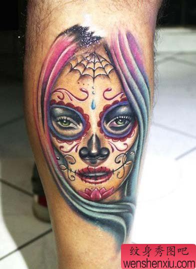 腿部漂亮的亡灵装美女纹身图案