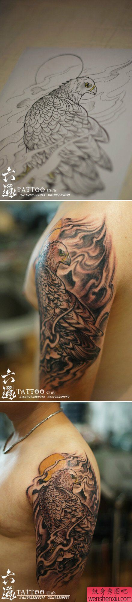 手臂流行很酷的一幅黑白老鹰纹身图案