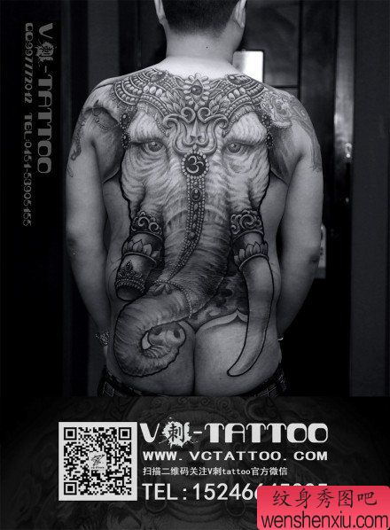 后背霸气超帅的满背象神纹身图案