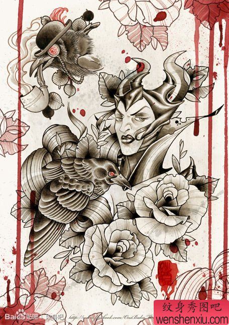 一幅另类超帅的美女恶魔乌鸦纹身手稿