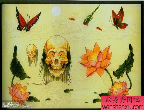 流行经典的一组骷髅与莲花纹身手稿