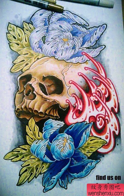 流行经典的一幅彩色骷髅牡丹纹身手稿
