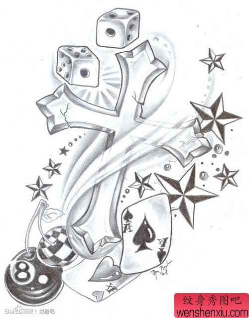 流行流行的一幅黑白十字架纹身手稿