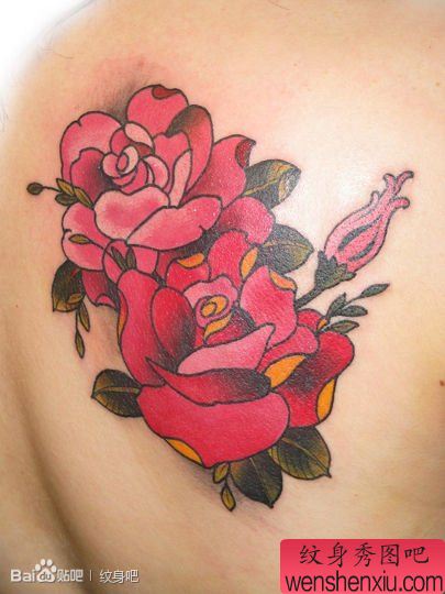 肩背流行流行的彩色玫瑰花纹身图案