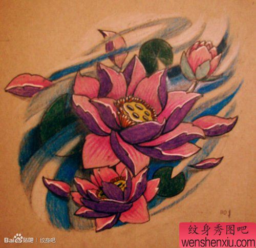 唯美流行的一幅传统莲花纹身手稿