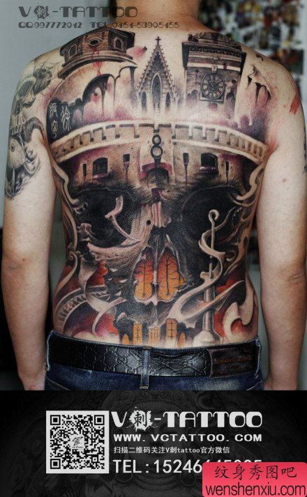 男性后背超帅很酷的满背骷髅纹身图案