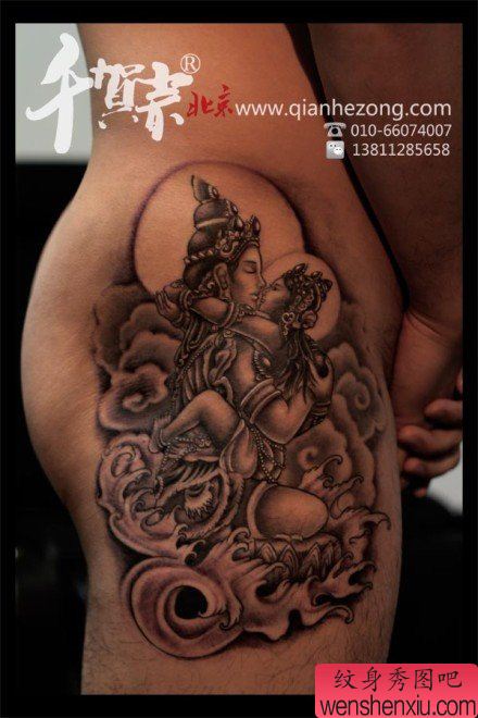 腿部流行经典的欢喜佛纹身图案
