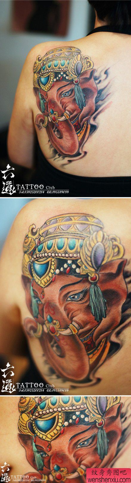 女生后背流行经典的彩色象神纹身图案