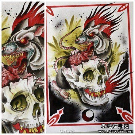 一幅另类很酷的骷髅与老鼠纹身手稿