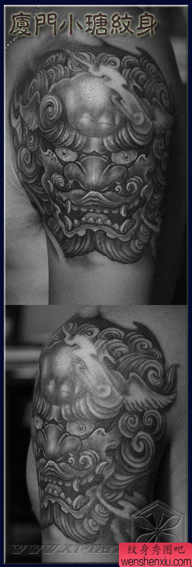 手臂流行流行的一幅黑白唐狮子纹身图案