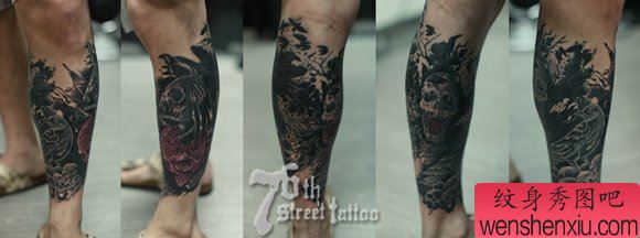 腿部很帅经典的骷髅乌鸦纹身图案