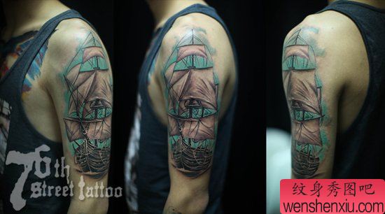 手臂流行流行的一幅帆船纹身图案