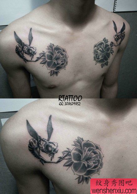 男生胸前流行经典的蜜蜂与玫瑰纹身图案
