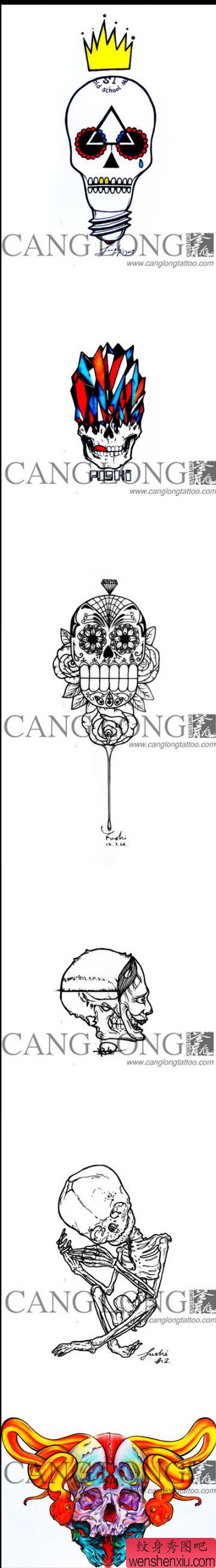 一组流行很酷的骷髅纹身手稿