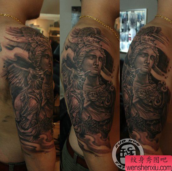 手臂流行经典的黑白天使纹身图案