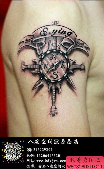 手臂流行经典的一幅指南针纹身图案