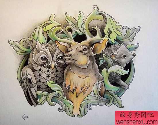 一组流行流行的小鹿猫头鹰刺猬纹身手稿