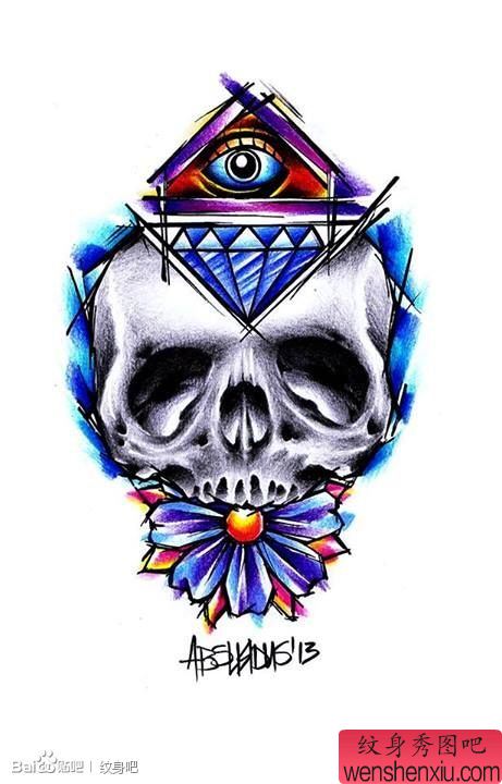 流行流行的一幅彩色骷髅纹身图案