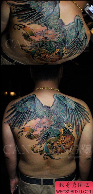 男性后背流行很酷的一幅彩色老鹰纹身图案
