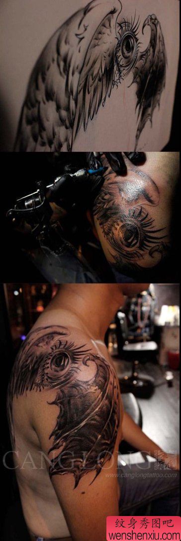 经典很酷的一幅一半天使一半恶魔翅膀纹身图案