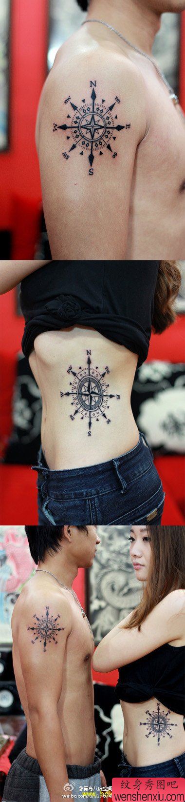 流行流行的一幅情侣指南针纹身图案