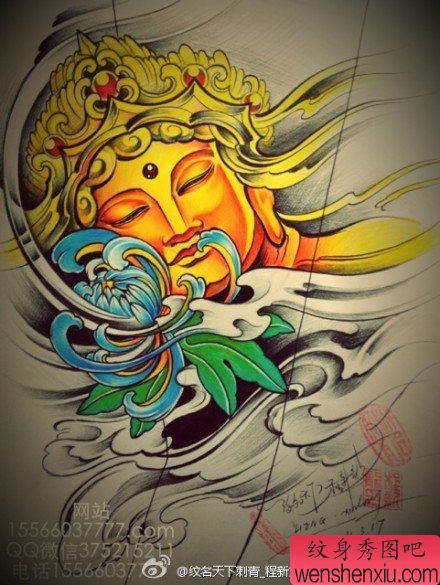 经典帅气的一幅彩色佛头纹身手稿