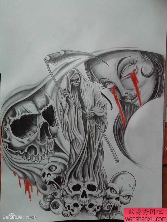 一幅流行流行的黑白死神纹身手稿