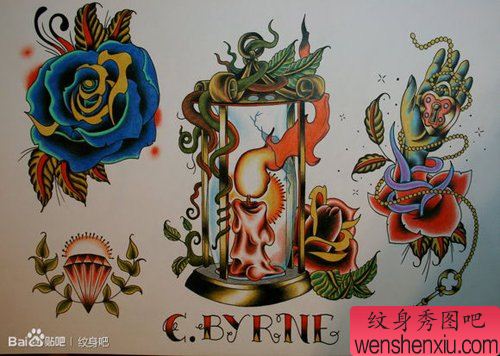 一组流行经典的玫瑰花钻石纹身手稿