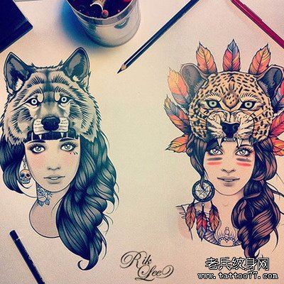 一组漂亮流行的部落美女纹身图案