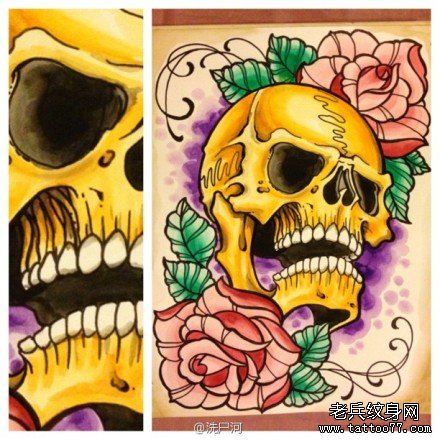 流行很酷的一幅彩色骷髅纹身手稿