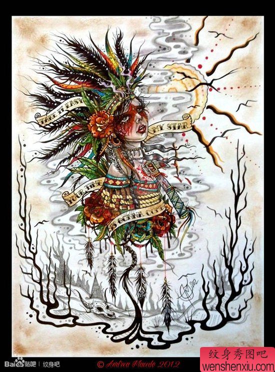 一幅流行很酷的school部落美女纹身手稿