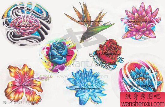 一组漂亮精美的花卉纹身手稿