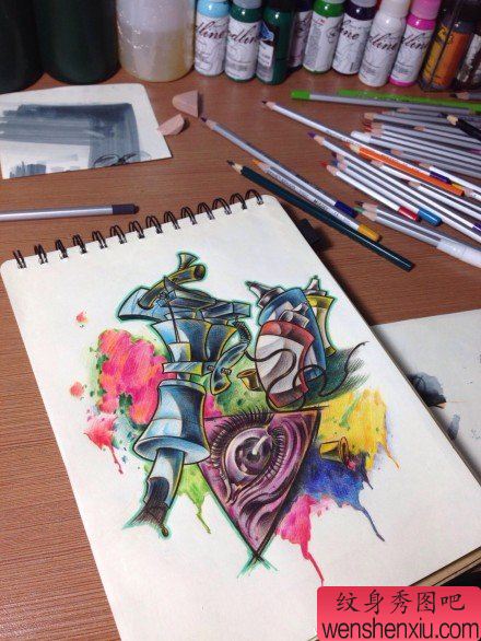 流行经典的一幅纹身机上帝之眼纹身手稿