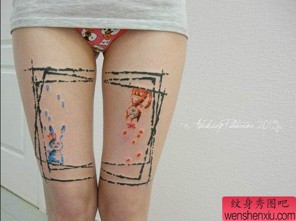 女生大腿可爱的小兔子纹身图案